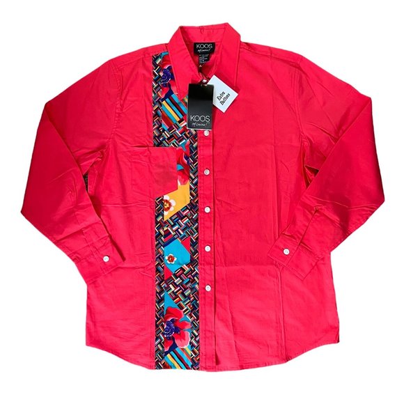 VTG NWT Koos Of Course! M Blouse Shirt Button Up Down Top Red Geo Stretch Artsy - Picture 1 of 4